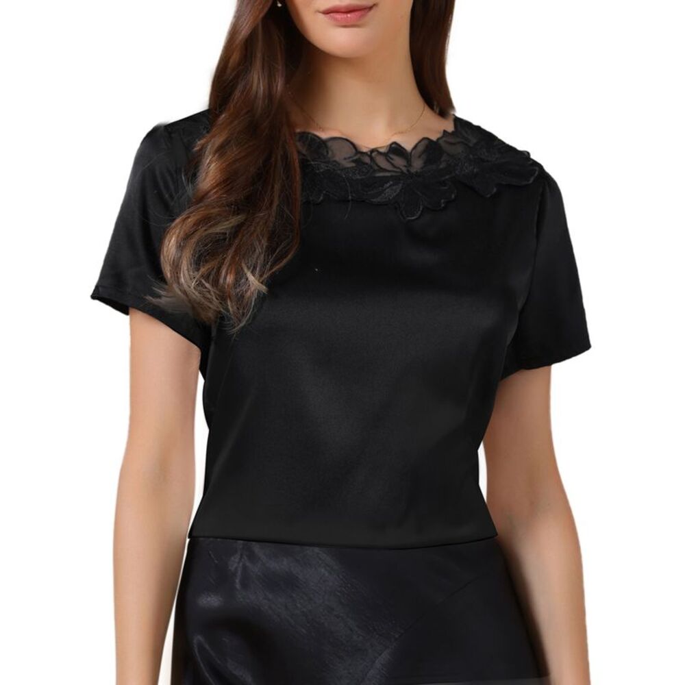 Women Floral Short Sleeve Blouse Casual Summer Silk Satin Top Black